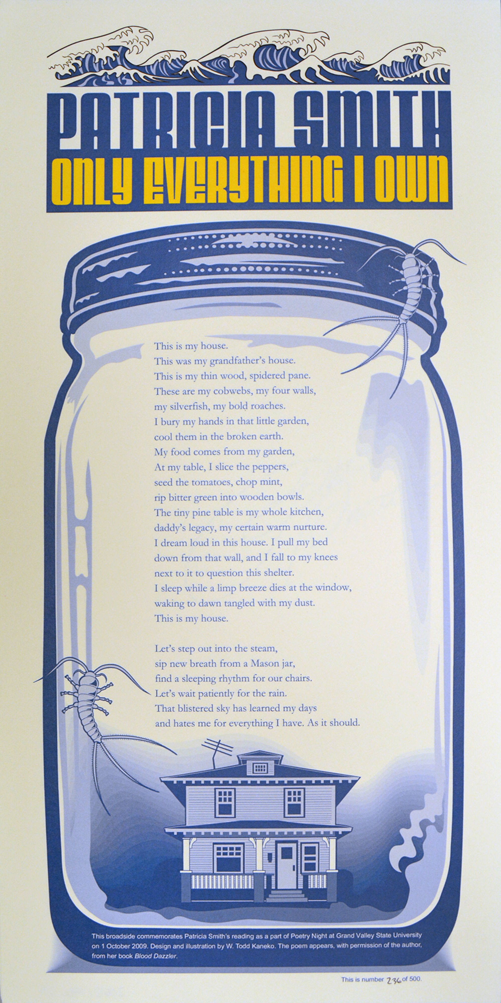 Blue print of Patricia Smith's poem "Everything I Own" with a mason jar with a house inside.